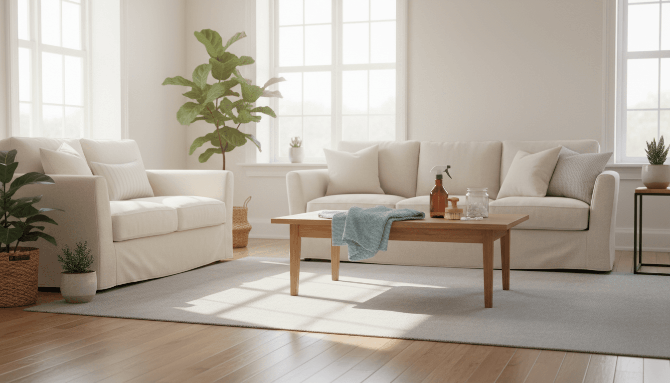 Bright living room with fresh natural light and cleaning supplies on coffee table