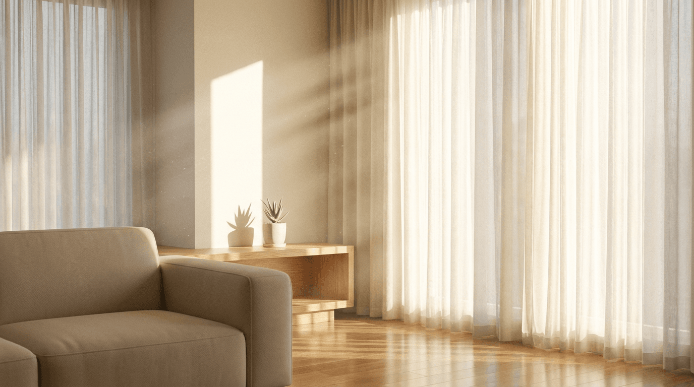 Bright, clean living room with sunlight and tidy furniture