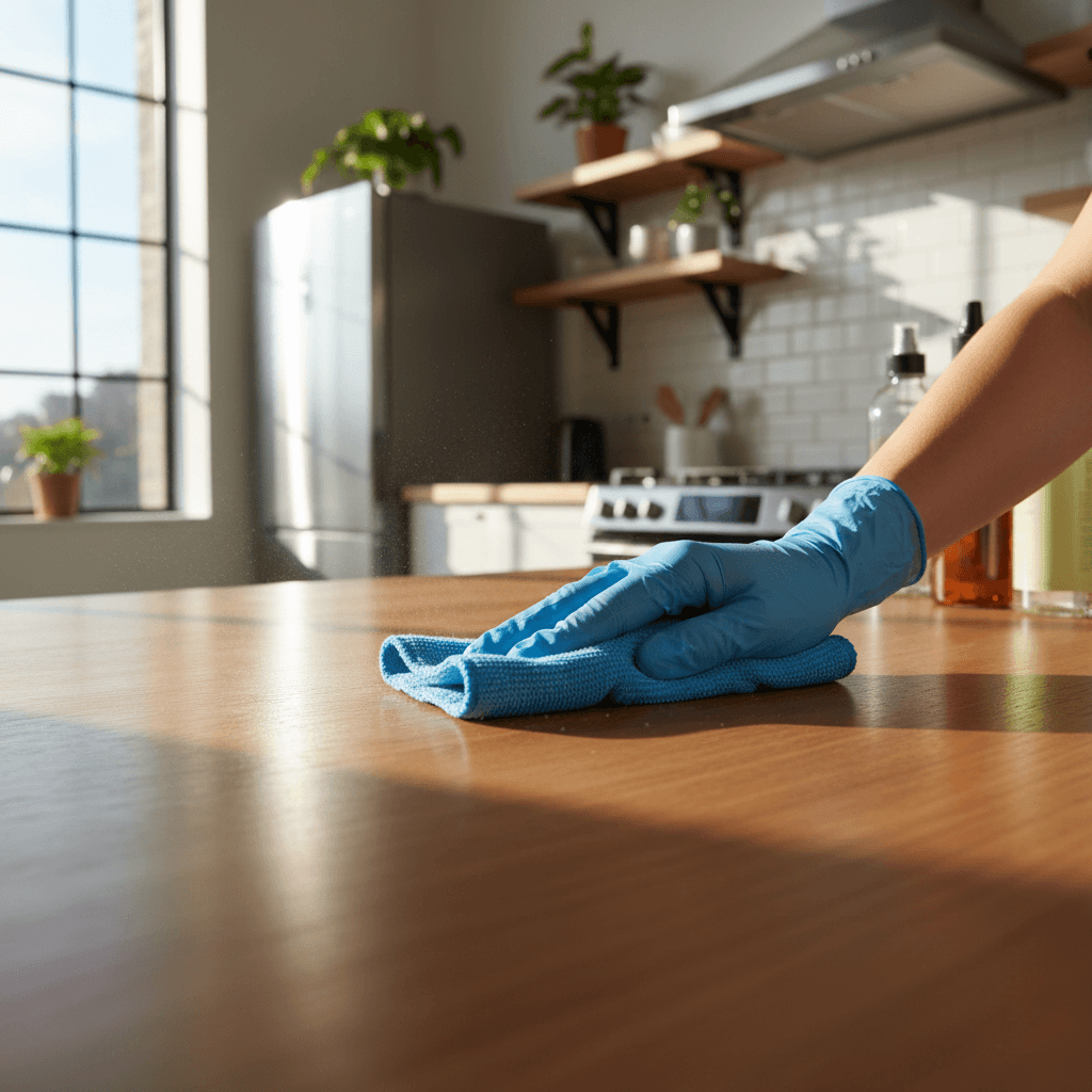Professional cleaner wiping a kitchen counter in a bright modern Toronto home
