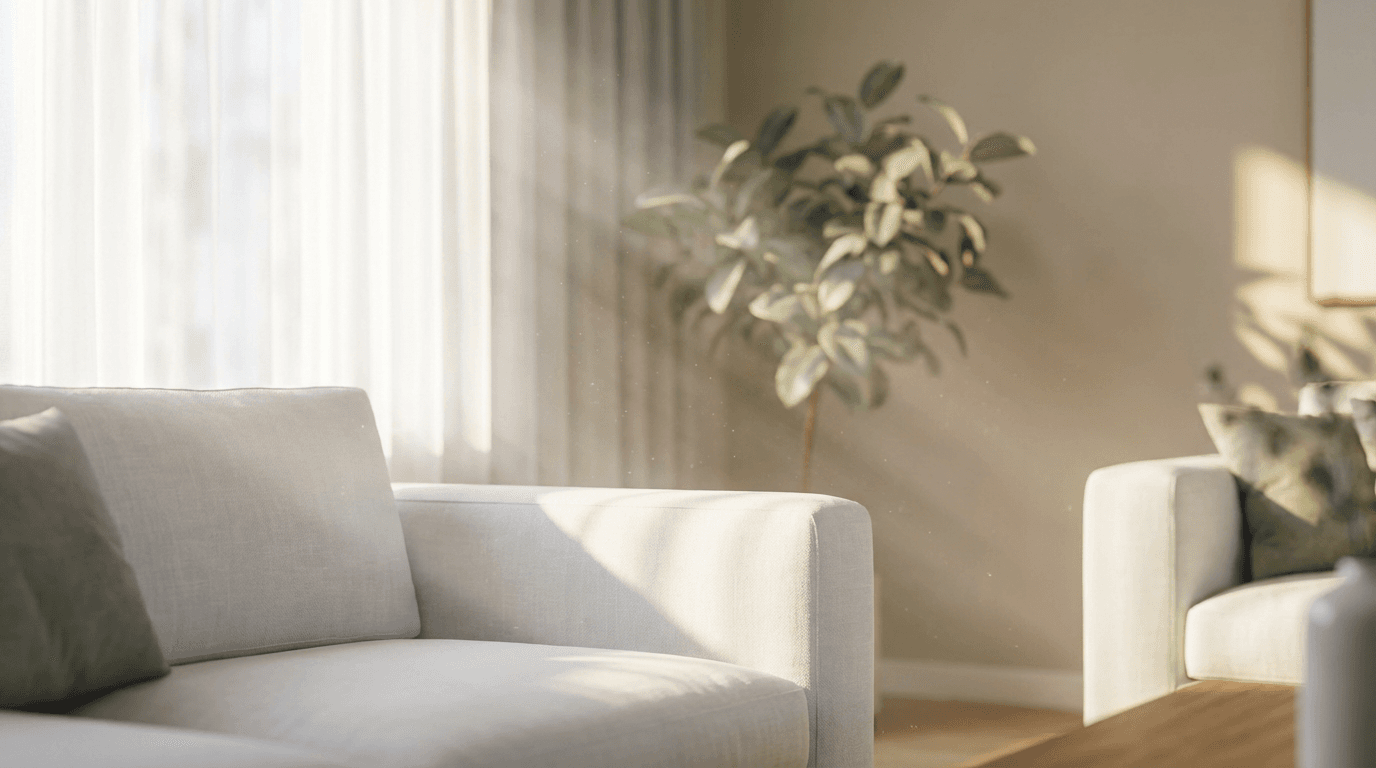 Professional cleaner wiping a coffee table in a bright Toronto living room